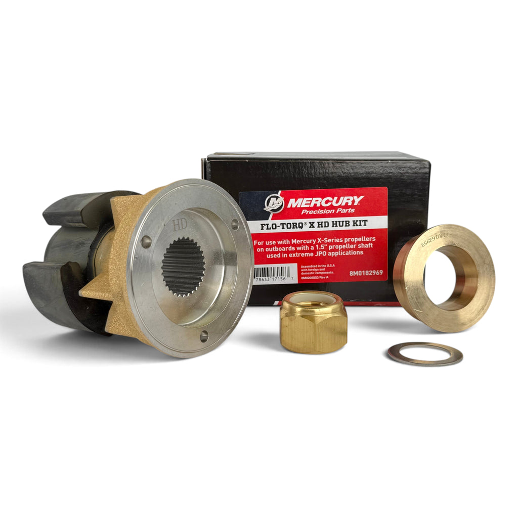 Mercury FLO-TORX HD Hub Kit components including a silver and bronze splined hub, a black box with a red Mercury label, a brass ring, a brass nut, and a washer on a white background.